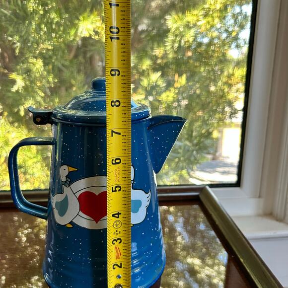 Vintage Tres Troquelles Blue Enamelware Coffee Pot White Spatter Folk  art 1970s - Picture 10 of 13